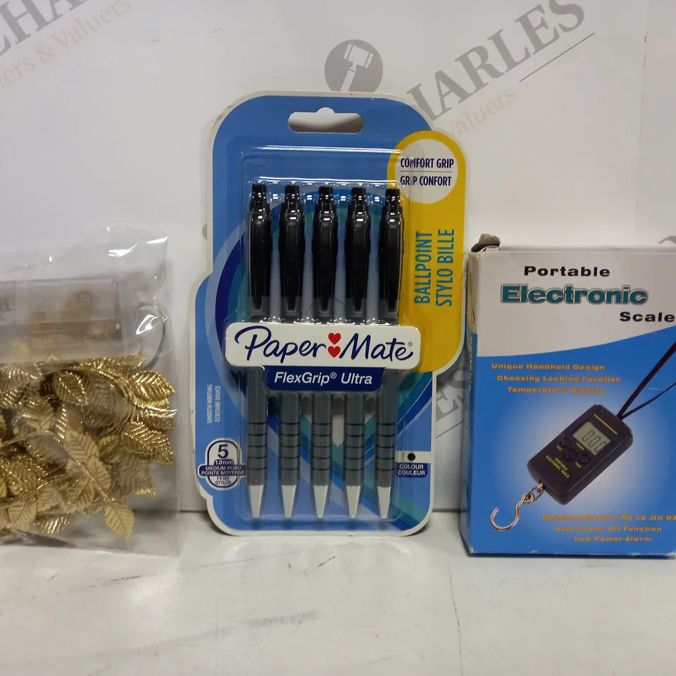 APPROXIMATELY 15 ASSORTED HOUSEHOLD ITEMS TO INCLUDE PAPER MATE PENS, PORTABLE ELECTRONIC SCALE, ETC