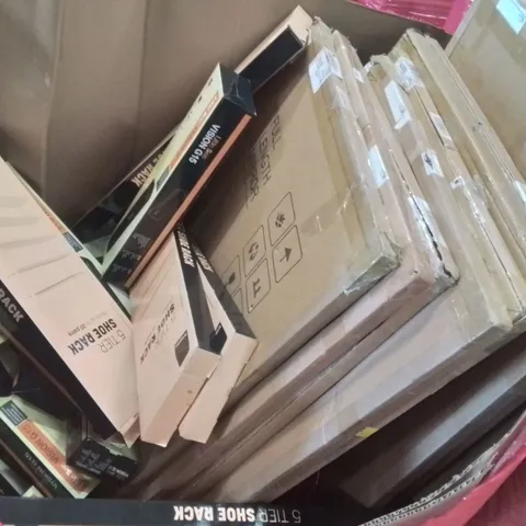 PALLET CONTAINING VARIOUS ASSORTED BOXED HOUSEHOLD ITEMS TO INCLUDE: FULL LENGTH MIRRORS, 5 TIER SHOE RACKS, OFFICE LAMINATORS  AND LOTS MORE UNMARKED BOXED ITEMS 