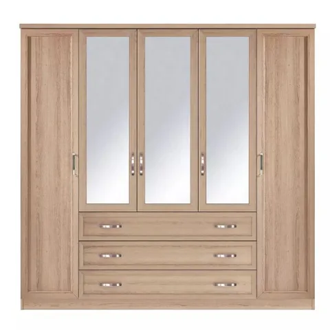 BOXED CAMBERLEY 5 DOOR, 3 DRAWER MIRRORED WARDROBE - LIGHT OAK (3 BOXES)
