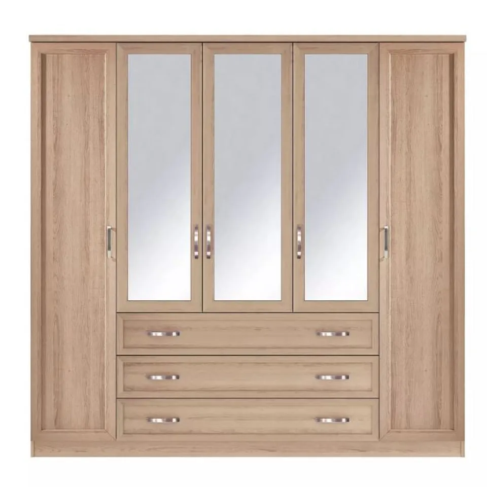 BOXED CAMBERLEY 5 DOOR, 3 DRAWER MIRRORED WARDROBE - LIGHT OAK (3 BOXES) RRP £499