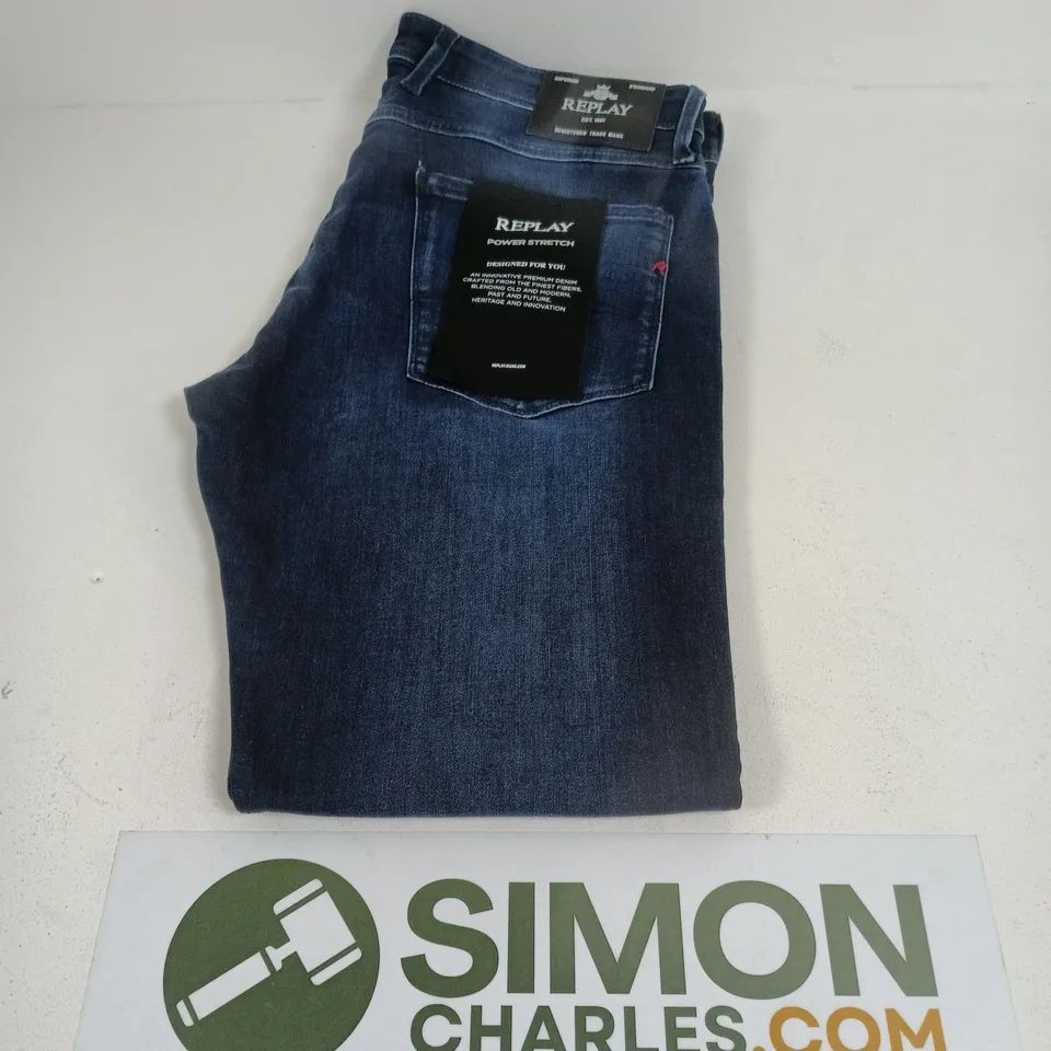REPLAY POWER STRETCH JEANS, DARK BLUE DENIM – MEN'S - SIZE W36 L32