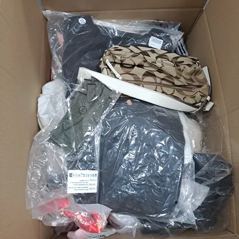 BOX OF APPROX. 50 ASSORTED CLOTHING VARYING IN SIZE/COLOUR/STYLE TO INCLUDE: TOPS, TROUSERS, JUMPERS