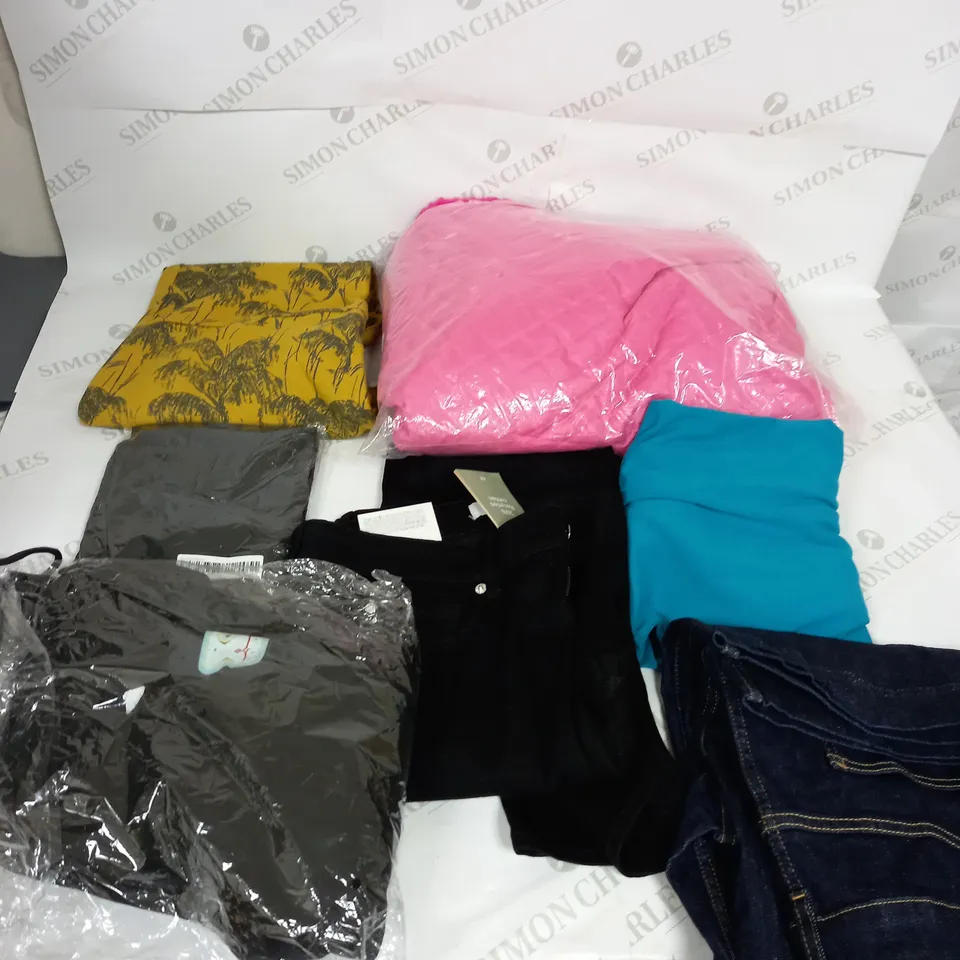 LARGE BOX OF ASSORTED CLOTHING ITEMS IN VARIOUS COLOURS AND SIZES INCLUDING TROUSERS , TOPS AND JUMPERS 