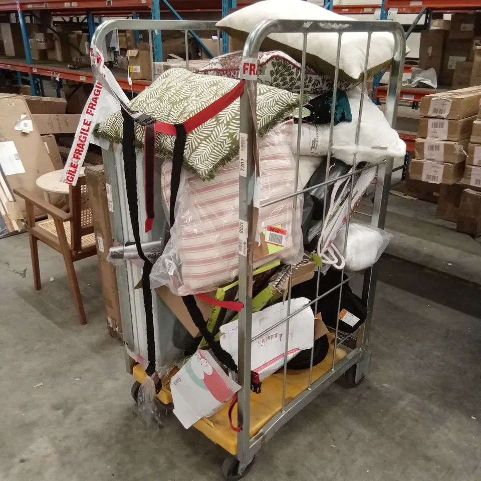 CAGE OF ASSORTED HOUSEHOLD GOODS AND PRODUCTS TO INCLUDE; FOLDING TABLE, CUSHIONS ETC - CAGE NOT INCLUDED 