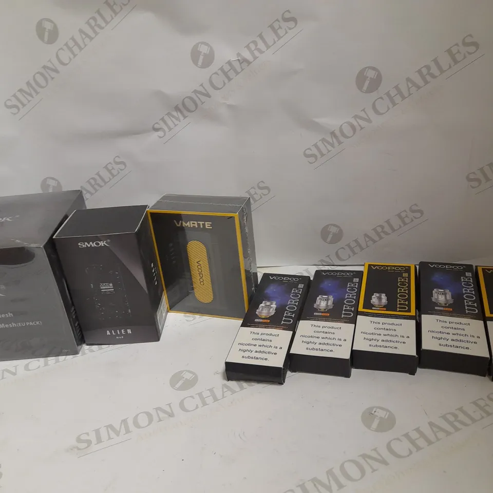 LOT OF APPROXIMATELY 10 E-CIGARETTE RELATED ITEMS TO INCLUDE SMOK V12 PRINCE MAX MESH, SMOK ALIEN MOD, VOOPOO VMATE ETC. 