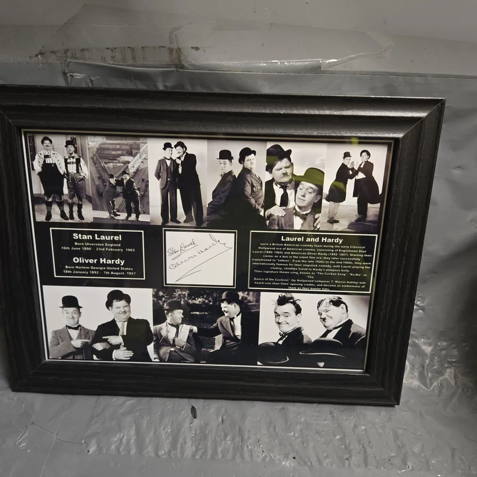 LAUREL AND HARDY FRAMED COLLAGE PRINT WITH SIGNATURES