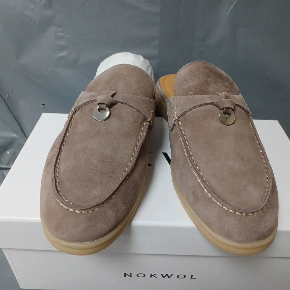 BOXED PAIR OF NOKWOL JESSIE FAWN SUEDE IN GREY - SIZE 39