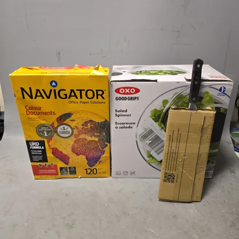 BOX OF APPROXIMATELY 5 ASSORTED BROKEN ITEMS TO INCLUDE - NAVIGATOR OFFICE PAPER , OXO SALAD SPINNER ETC