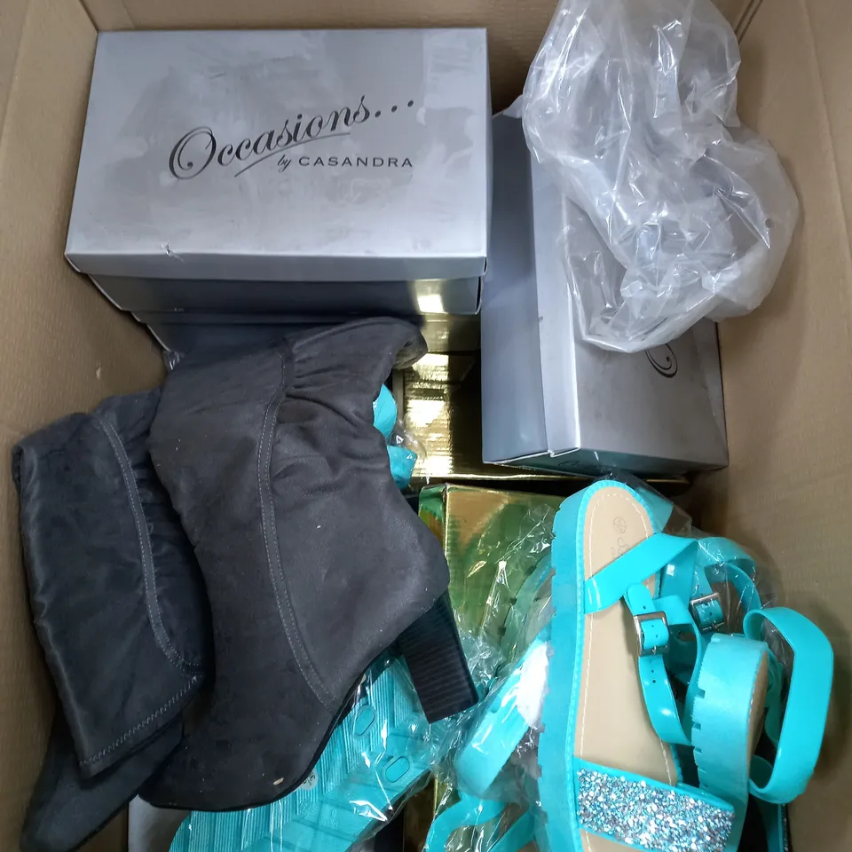 BOX OF APPROXIMATELY 15 ASSORTED PAIRS OF SHOES TO INCLUDE CHAMPAGNE HEELS, GREY BOOTS, BLUE SANDALS ETC