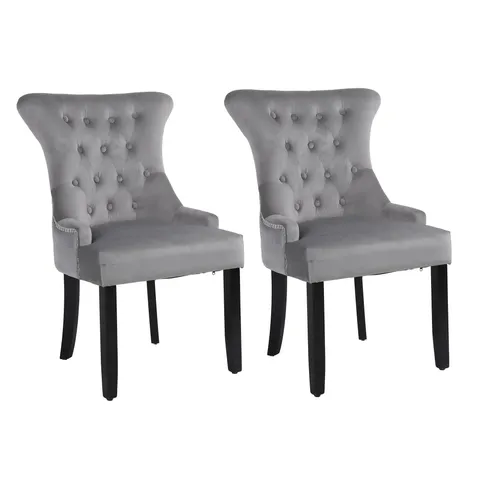 BOXED NEO SET OF 2 UPHOLSTERED CHAIRS HIGH BACK CRUSHED VELVET DINING CHAIRS WITH BUTTONS AND WOODEN LEGS - DARK GREY (1 BOX)