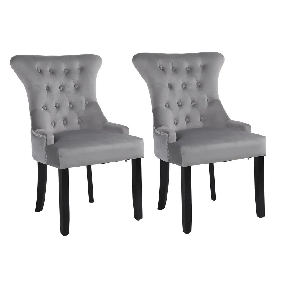 BOXED NEO UPHOLSTERED CHAIRS HIGH BACK CRUSHED VELVET DINING CHAIR WITH BUTTONS AND WOODEN LEGS - DARK GREY (1 BOX)