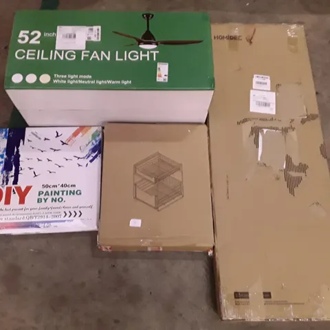 PALLET OF ASSORTED PRODUCTS INCLUDING CEILING FAN LIGHT, HOMIDEC 4 TIER SHOE STORAGE CABINET, DIY PAINTING BY NO., DESK PAPER TRAYS 