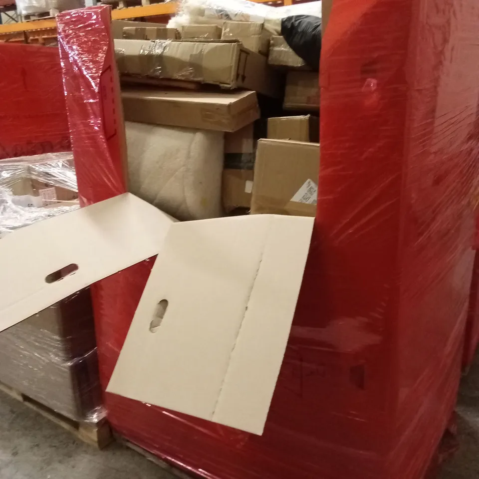 PALLET OF ASSORTED HOUSEHOLD GOODS AND PRODUCTS TO INCLUDE; BOXED FURNITURE, DECORATIVE FAUX FLOWERS, COFFEE STATION ORGANISER ETC