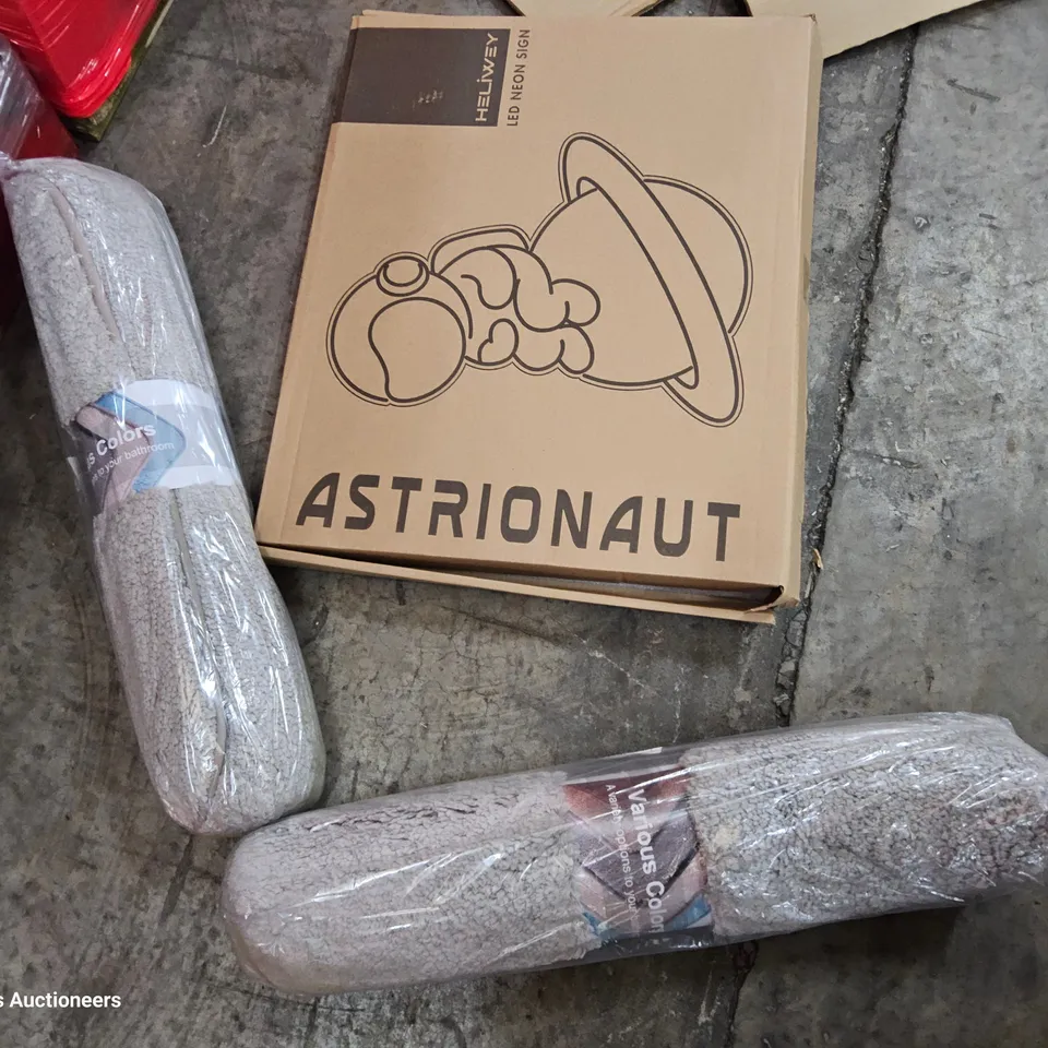 PALLET OF ASSORTED ITEMS TO INCLUDE, POP UP GAZEEBO, BOXED CHEST OF 9 DRAWERS, QUATITY OF ASTRONAT LED SIGNS, QANTITY OF GREY RUGS, CABLE TIES.