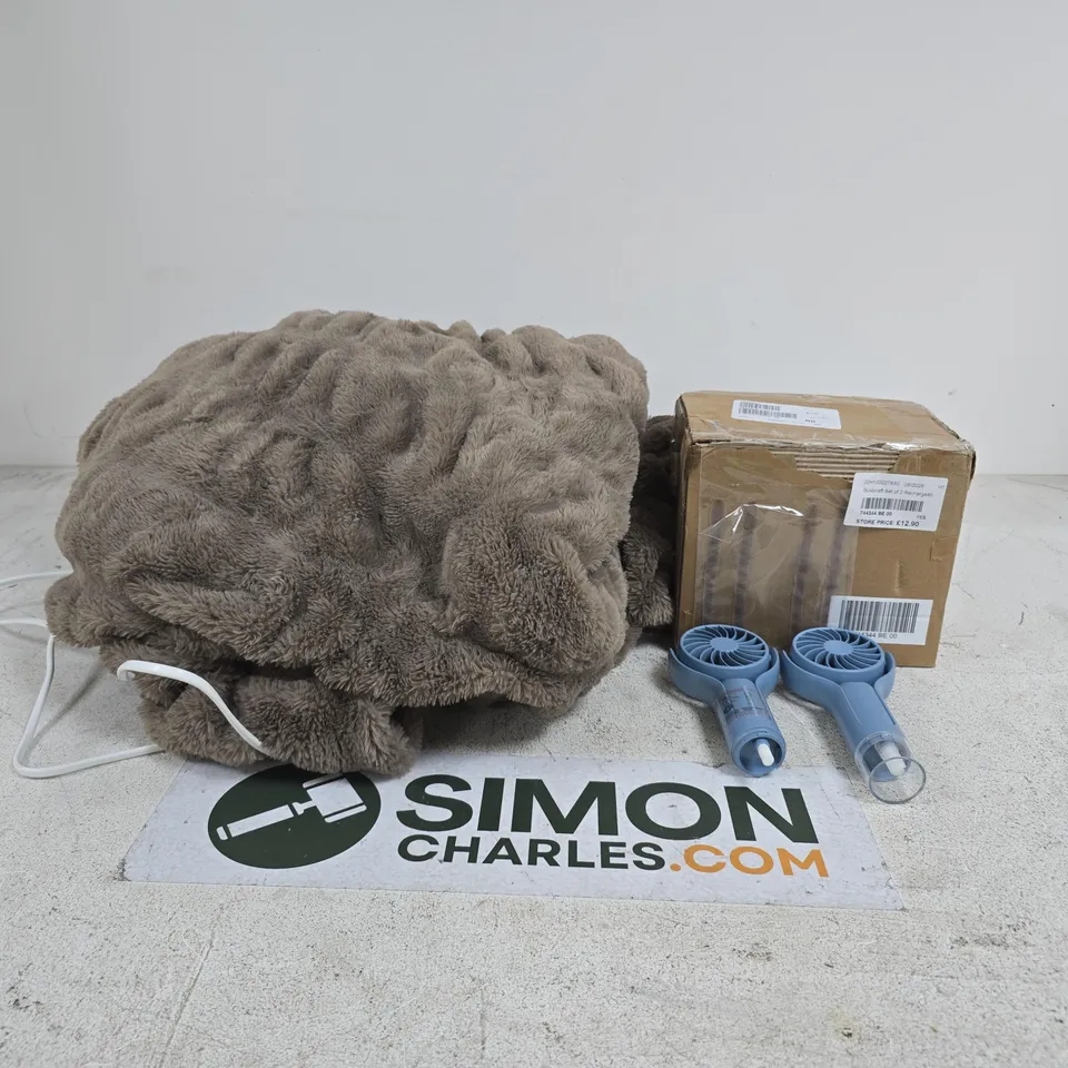 BOX OF APPROXIMATELY 15 ASSORTED ITEMS TO INCLUDE HANDHELD FANS, HEATED THROW ETC
