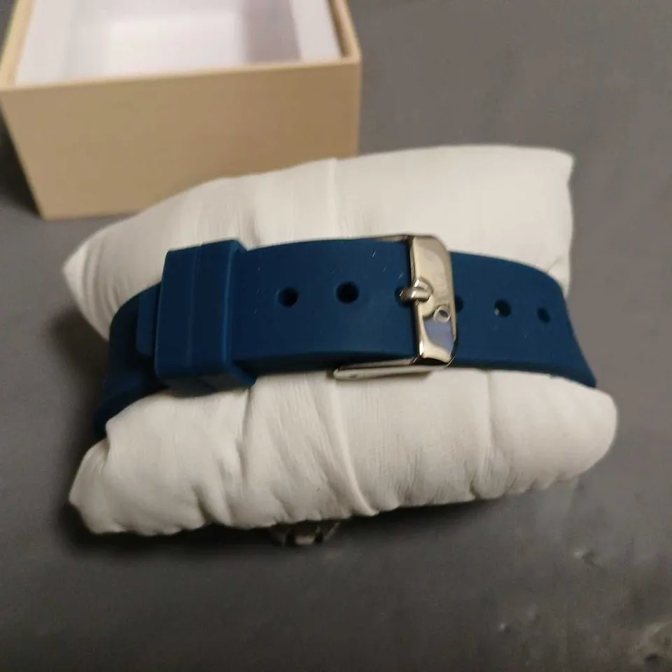 BOXED DIAMONIQUE BLUE FACED WATCH WITH RUBBER STRAP