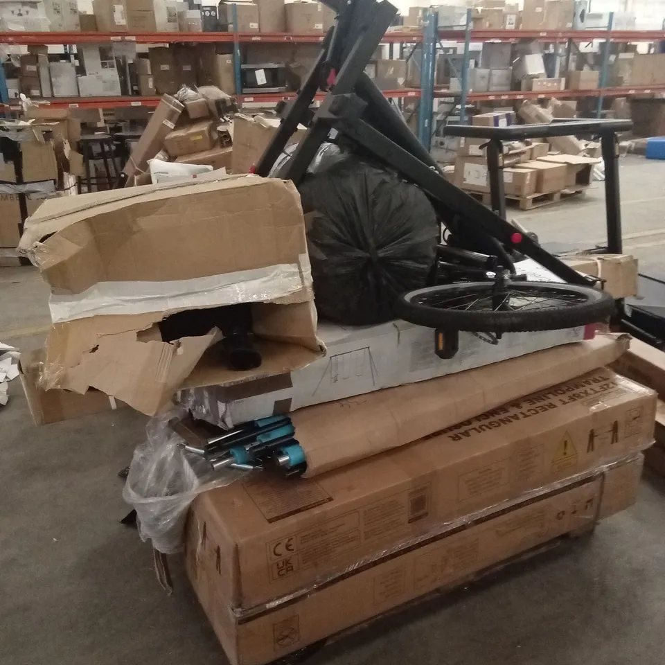 PALLET OF ASSORTED INCOMPLETE OR DAMAGED HOUSEHOLD GOODS AND PRODUCTS TO INCLUDE; TRAMPOLINE PARTS, GYM EQUIPMENT PARTS, KIDS BIKE ETC