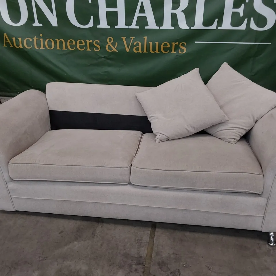 DESIGNER THREE SEATER SOFA BEIGE PLUSH FABRIC WITH SCATTER CUSHIONS 