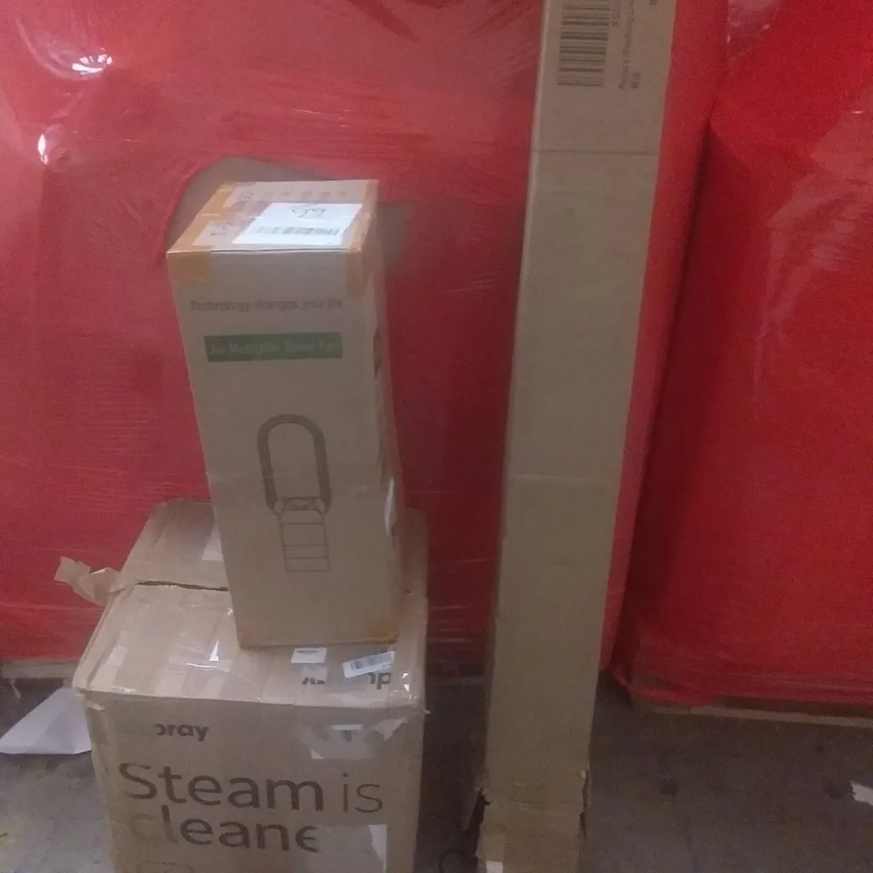 PALLET OF ASSORTED ITEMS INCLUDING AIR MULTIPLIER TOWER FAN, STEAM CLEANER, OUTDOOR WASHING LINE