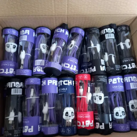 BOX OF APPROXIMAL 80 PATCH PANDA USB TO MINI USB CABLE IN BLACK, RED, BLUE, AND PURPLE