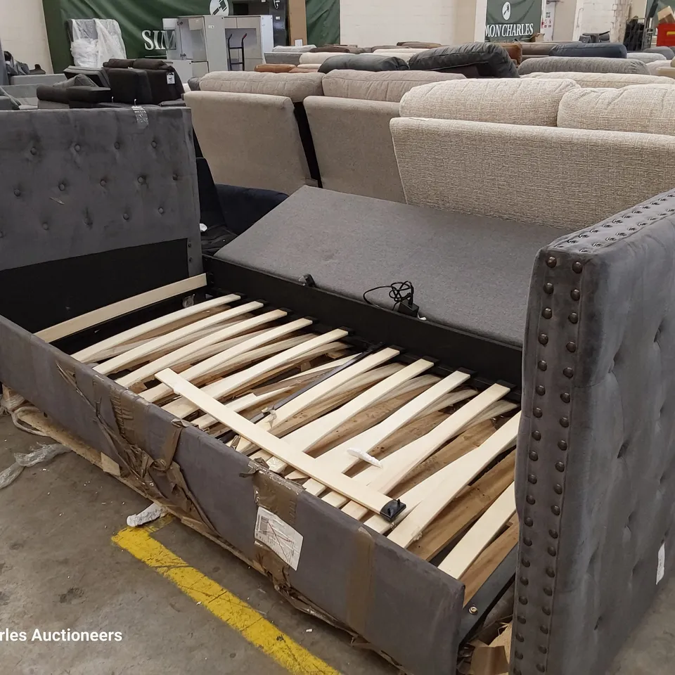 SINGLE 3' BED FRAME WITH TRUNDLE PLUSH GREY FABRIC 