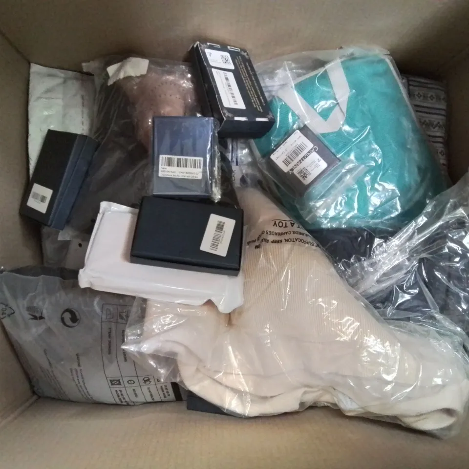 BOX CONTAINING LARGE AMOUNT OF MIXED FASHION ITEMS, SILVER PLATE AND COSTUME JEWELLERY, CLOTHING ITEMS ETC.