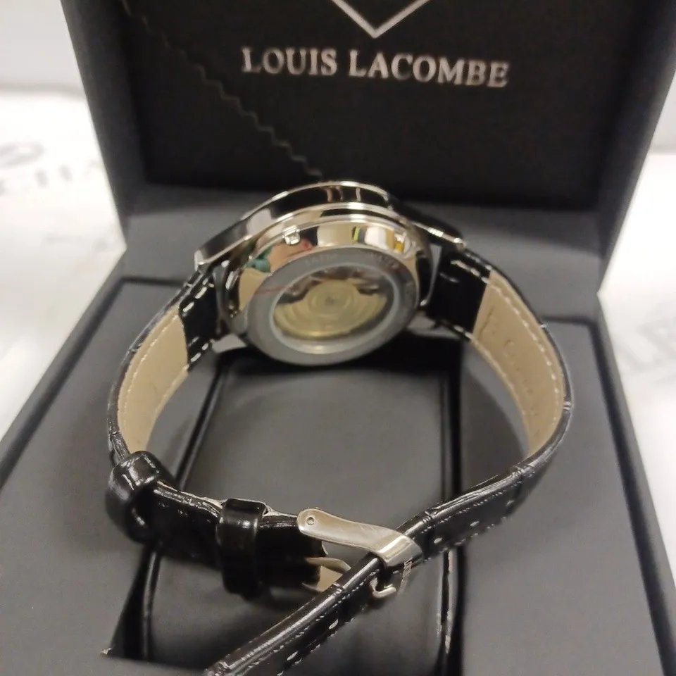 LOUIS LACOMBE AUTOMATIC SKELETON DIAL BLACK LEATHER STRAP WRISTWATCH