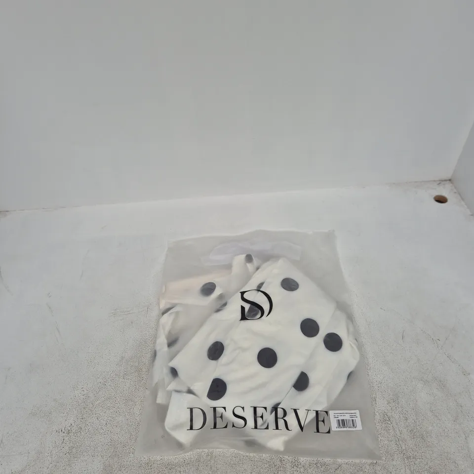 DESERVE POLKA DOT BOW DETAIL WRAP MIDI DRESS – WHITE, UK 22 (EU 50, US 18) – NEW IN PACKAGING