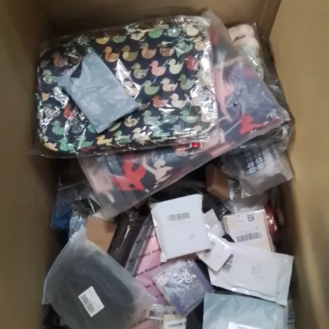 BOX CONTAINING LARGE AMOUNT OF MIXED FASHION ITEMS, SILVER PLATE AND COSTUME JEWELLERY, CLOTHING ITEMS ETC.