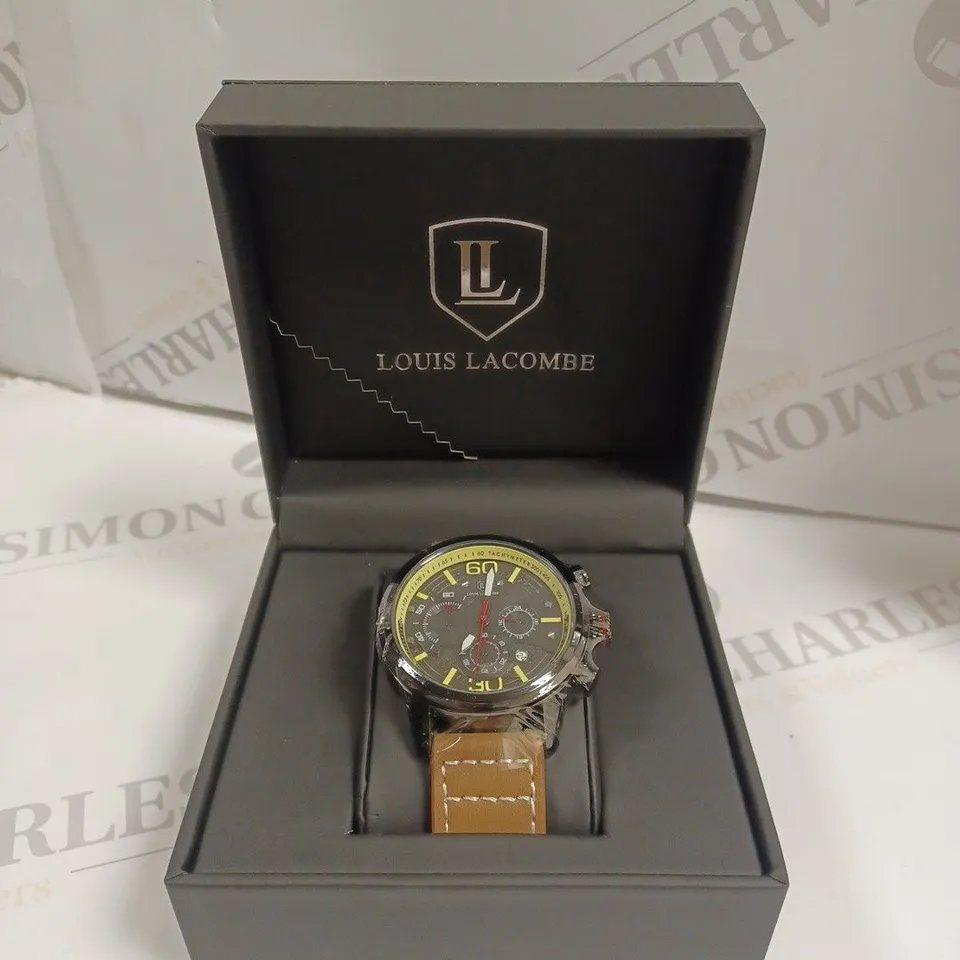 MENS LOUIS LACOMBE CHRONGRAPH WATCH – 3 SUB DIALS – BLACK CASE – LEATHER STRAP