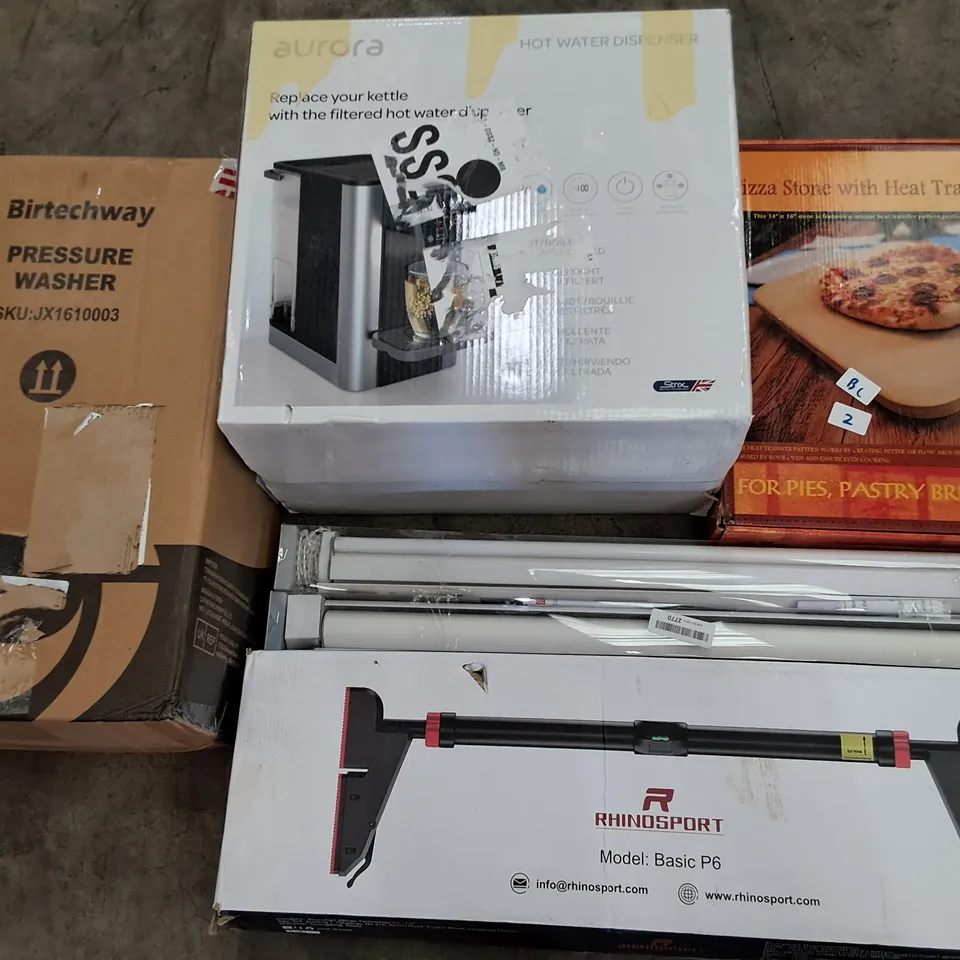 PALLET OF ASSORTED HOUSEHOLD ITEMS TO INCLUDE HOT WATER DISPENSER, PIZZA STONE, PRESSURE WASHER AND PULL UP BAR
