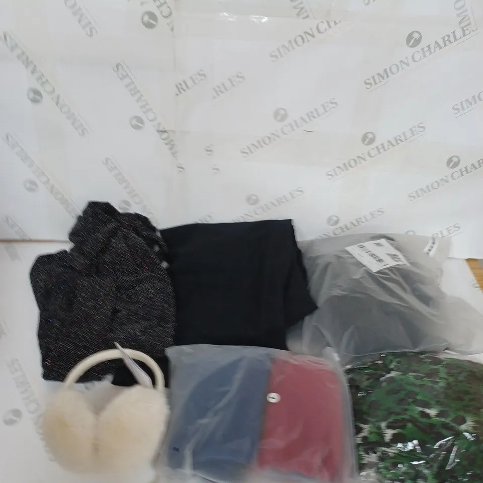 LARGE BOX OF ASSORTED CLOTHING ITEMS IN VARIOUS COLOURS AND SIZES INCLUDING TROUSERS , TOPS AND JUMPERS 