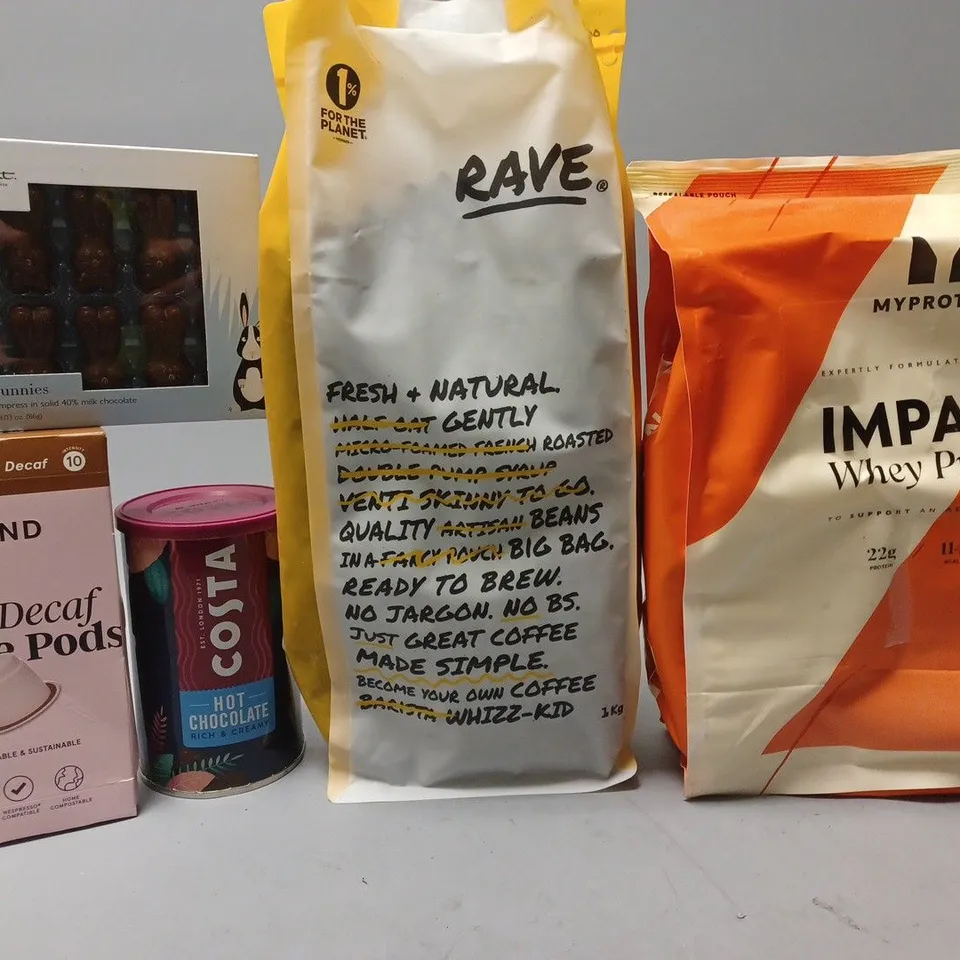 LOT OF APPROX 8 ASSORTED FOOD & DRING ITEMS TO INCLUDE - HOTEL CHOCOLAT CITY BUNNIES - MY PROTEIN IMPACT WHEY PROTEIN - GRIND DARL COFFEE PODS ECT