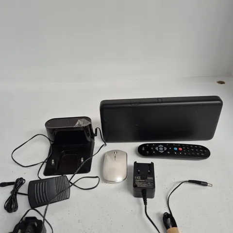 TOTE OF APPROXIMATELY 10 ASSORTED ITEMS INCLUDING EETV BOX PRO, A SKY TV REMOTE AND SAGEMCAM AC/DC ADAPTOR