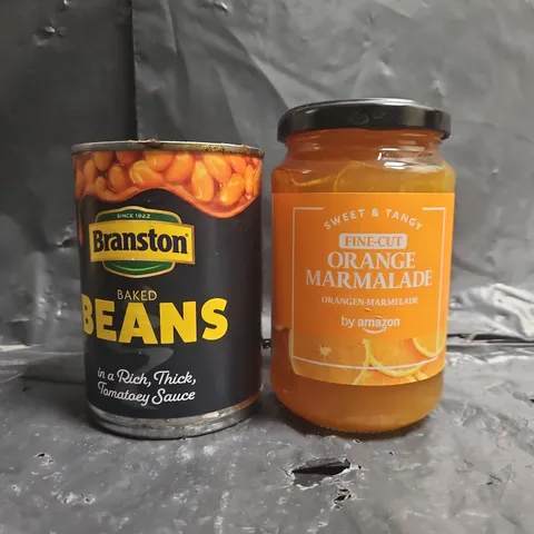 APPROXIMATELY 10 ASSORTED FOOD AND DRINK ITEMS TO INCLUDE MARMALADE, BAKED BEANS, ETC