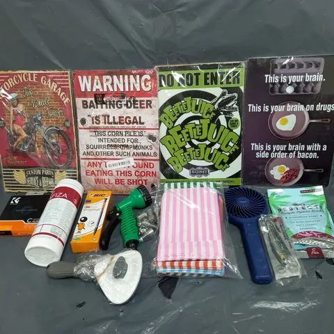 BOX OF ASSORTED HOUSEHOLD ITEMS TO INCLUDE BIC PENS, HANDHELD FAN AND WALL SIGNS 