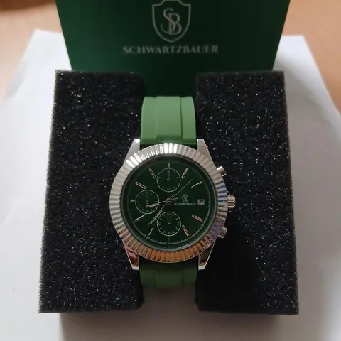 SCHWARZBAUER CHRONOGRAPH WATCH – GREEN DIAL, GREEN RUBBER STRAP, BOXED