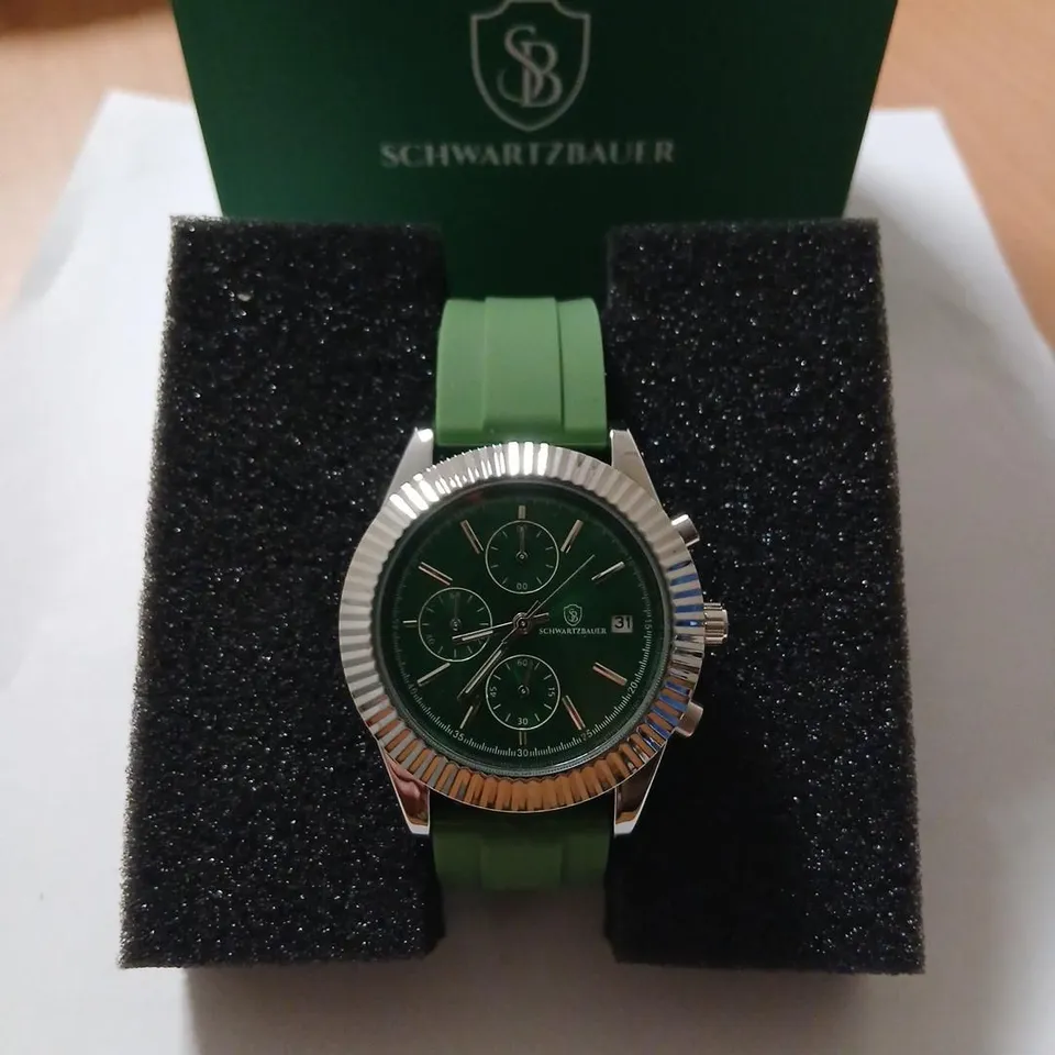 SCHWARZBAUER CHRONOGRAPH WATCH – GREEN DIAL, GREEN RUBBER STRAP, BOXED
