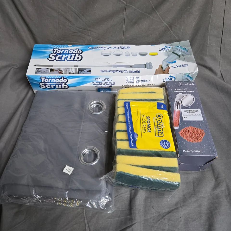 LARGE BOX OF APPROXIMATELY 12 ASSORTED HOUSEHOLD ITEMS TO INCLUDE - SPONGE SCOURERS - TORNADO SCRUB - SHOWERHEAD - ETC