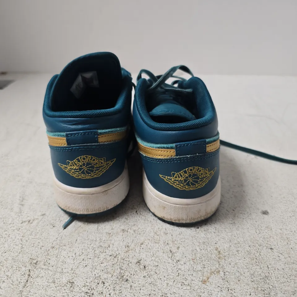 NIKE AIR JORDAN LOW-TOP SNEAKERS, TEAL/BLUE WITH GOLD SWOOSH - UK 5.5