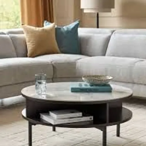 BOXED DANETTI AURORA MARBLED CERAMIC AND DARK OAK ROUND COFFEE TABLE