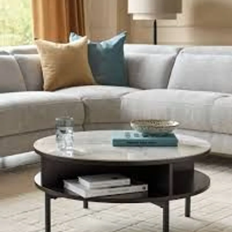 BOXED DANETTI AURORA MARBLED CERAMIC AND DARK OAK ROUND COFFEE TABLE