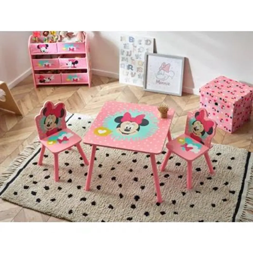 BOXED DISNEY MINNIE MOUSE TABLE AND CHAIR SET OF 2, HOLDS UP TO 30KG PER STOOL, PERFECT FOR PLAYTIME AND ACTIVITIES - SMALL PINK  