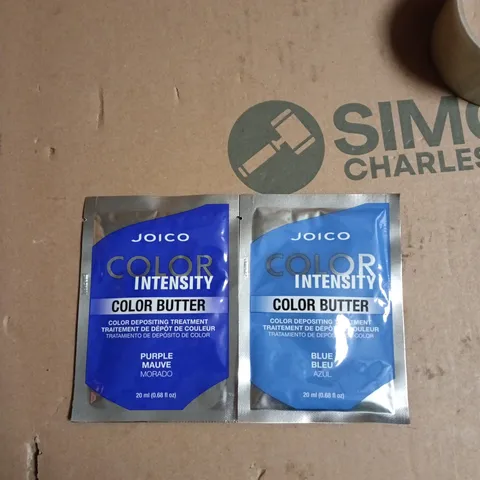 BOX OF APPROXIMATELY 35 ASSORTED JOICO PRODUCTS TO INCLUDE: COLOR BUTTER PURPLE AND BLUE