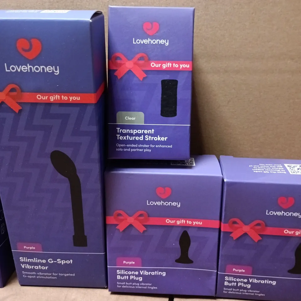 LOT OF 5 ASSORTED SEALED LOVEHONEY ADULT PLEASURE ITEMS TO INCLUDE SILICONE BUTT PLUG, G-SPOT VIBRATOR AND DUAL EMBRACE