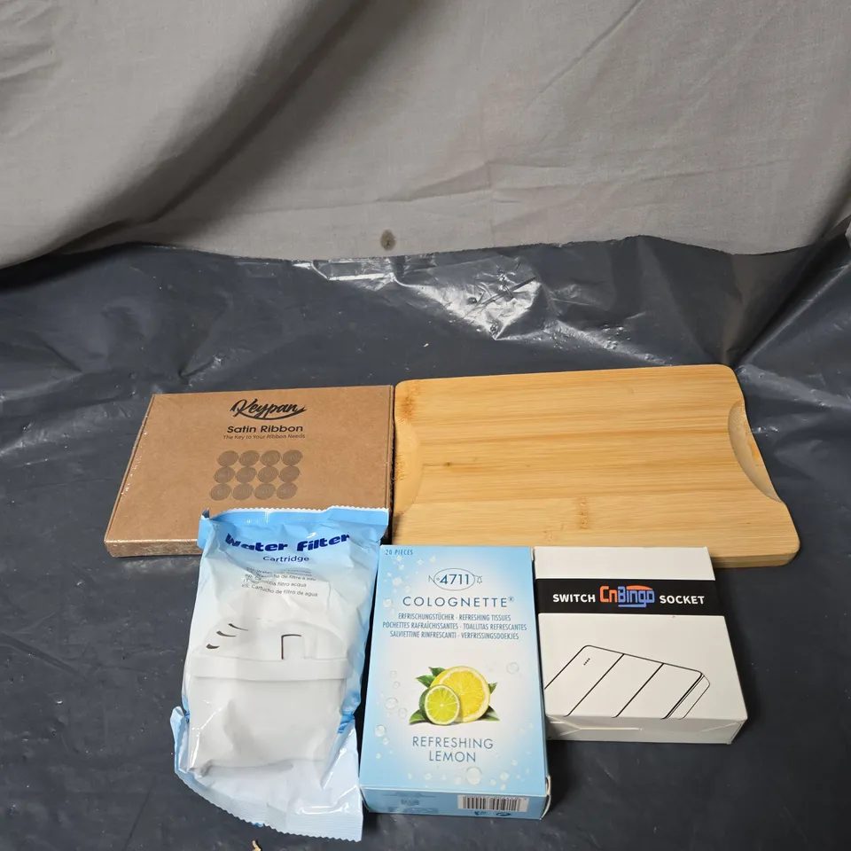 APPROXIMATELY 20 ASSORTED ITEMS TO INCLUDE SATIN RIBBON, WATER FILTER CARTRIDGE, LEMON REFRESH TISSUES, SWITCH SOCKET ETC