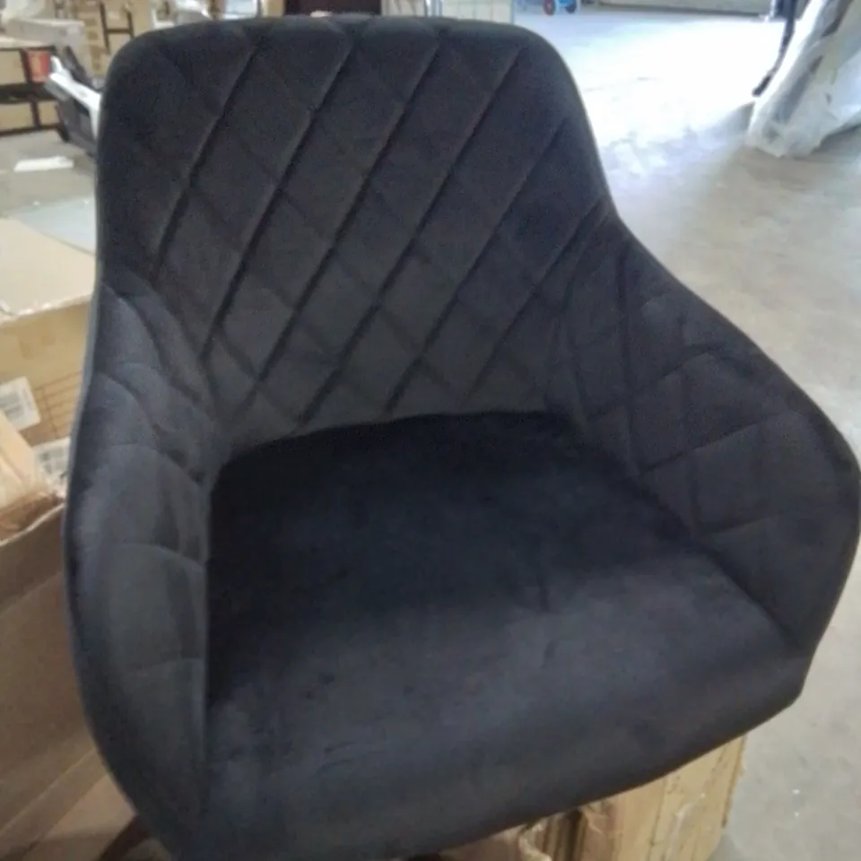 BOXED PAIR OF SOFT VELVET UPHOLSTERED BLACK SIDE/DINING CHAIRS.