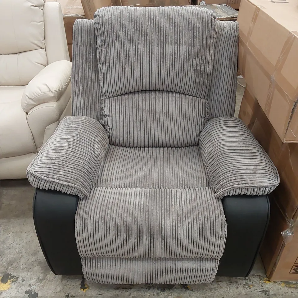 DESIGNER FAUX LEATHER & VELVET MANUAL RECLINER CHAIR - GREY/BLACK