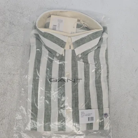 BAGGED GANT REG COTTON LINEN STRIPE SHIRT IN DRY HERB GREEN SIZE LARGE
