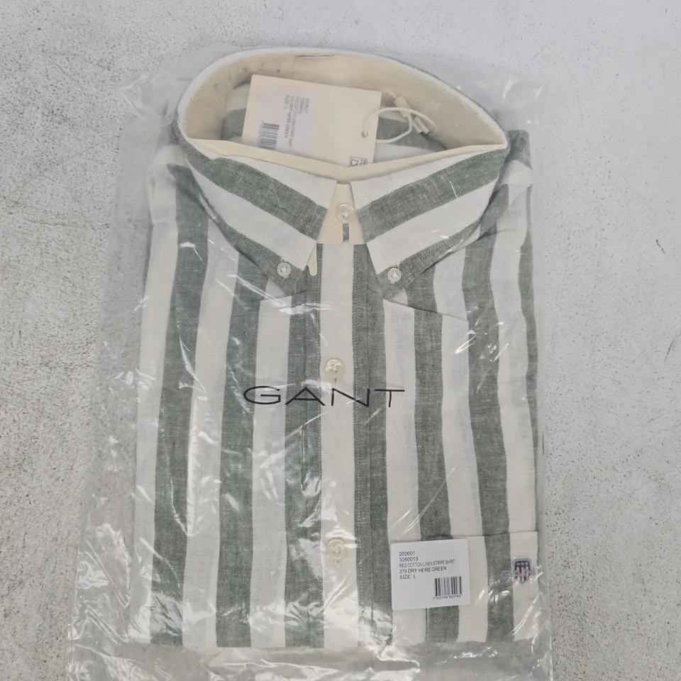 BAGGED GANT REG COTTON LINEN STRIPE SHIRT IN DRY HERB GREEN SIZE LARGE